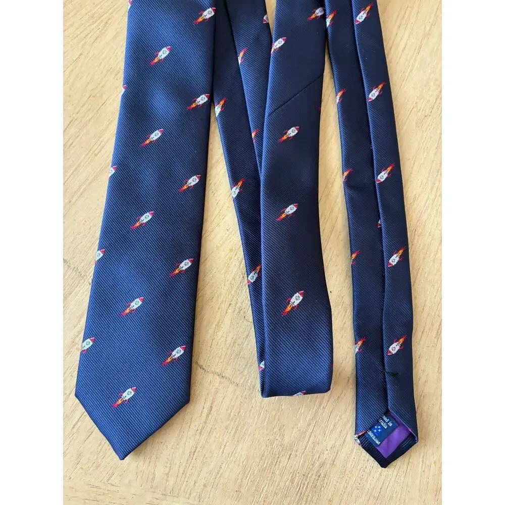Men's Rocket Space Ship Skinny Tie Navy Blue Novelty NASA Cosmic Retro Moon